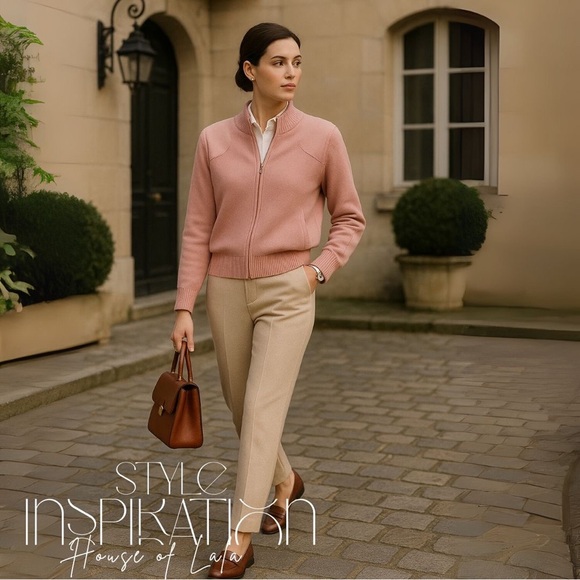 NWOT St. John designer pink knit cardigan sweater wool rayon silk elbow patches - Picture 3 of 11